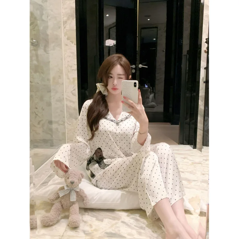 2025 Spring Autumn Ice Silk Pajamas Women Long Sleeve Pant Two Piece Set Lace Hollow Polka Point Casual Nightgown Sleepwear Home
