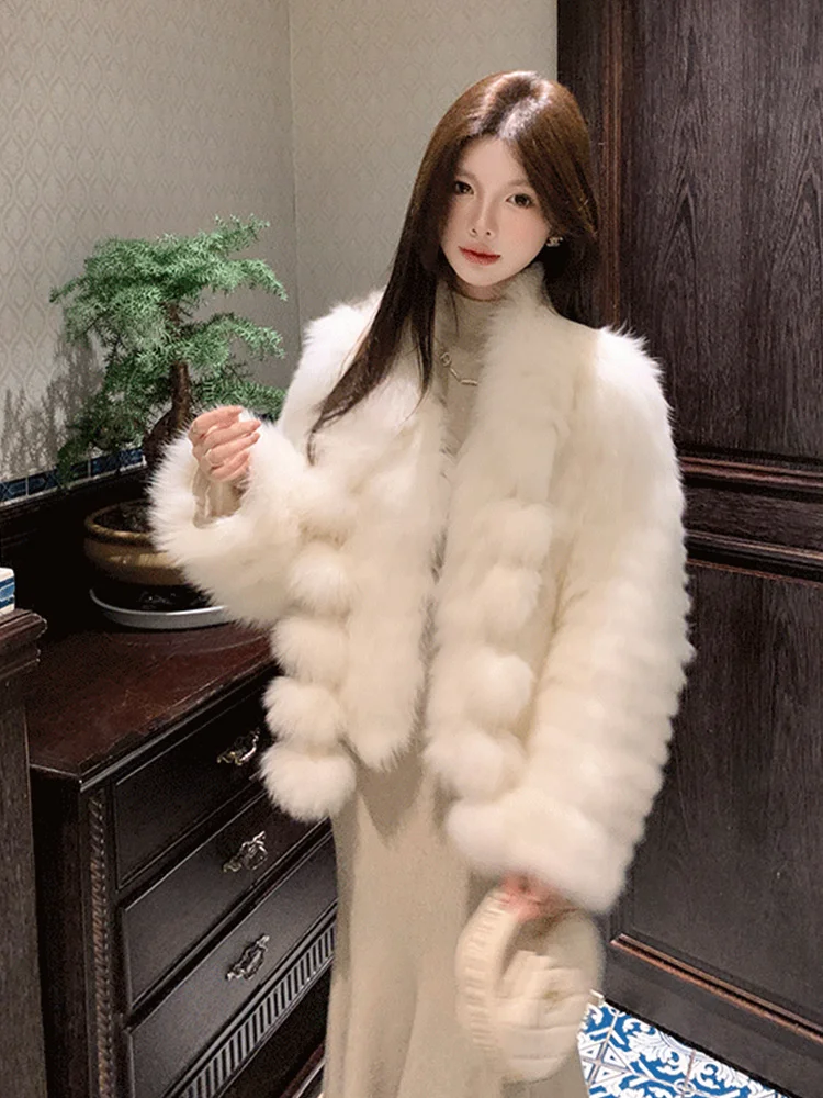 Damska kurtka z naturalnego futra lisa na zimę 2025, z przeszyciami z futra, styl Toghter, ciepła, gruba, codzienna kurtka, ciepły płaszcz, odzież wierzchnia.