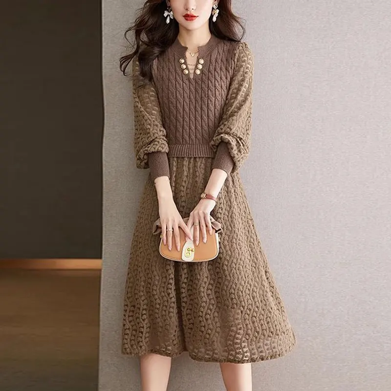 

Fake Two Pieces Knitted Patchwork Midi Dress Female Clothing A-Line Waist Spring Autumn Commute Stylish Lace Hollow Out Dresses