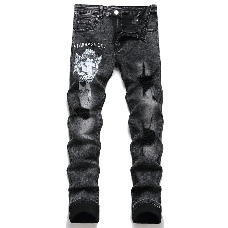 

starbags dsq Men's Slim Stretch cotton elastic Elastic black leather label ripped print fashion men's European jeans