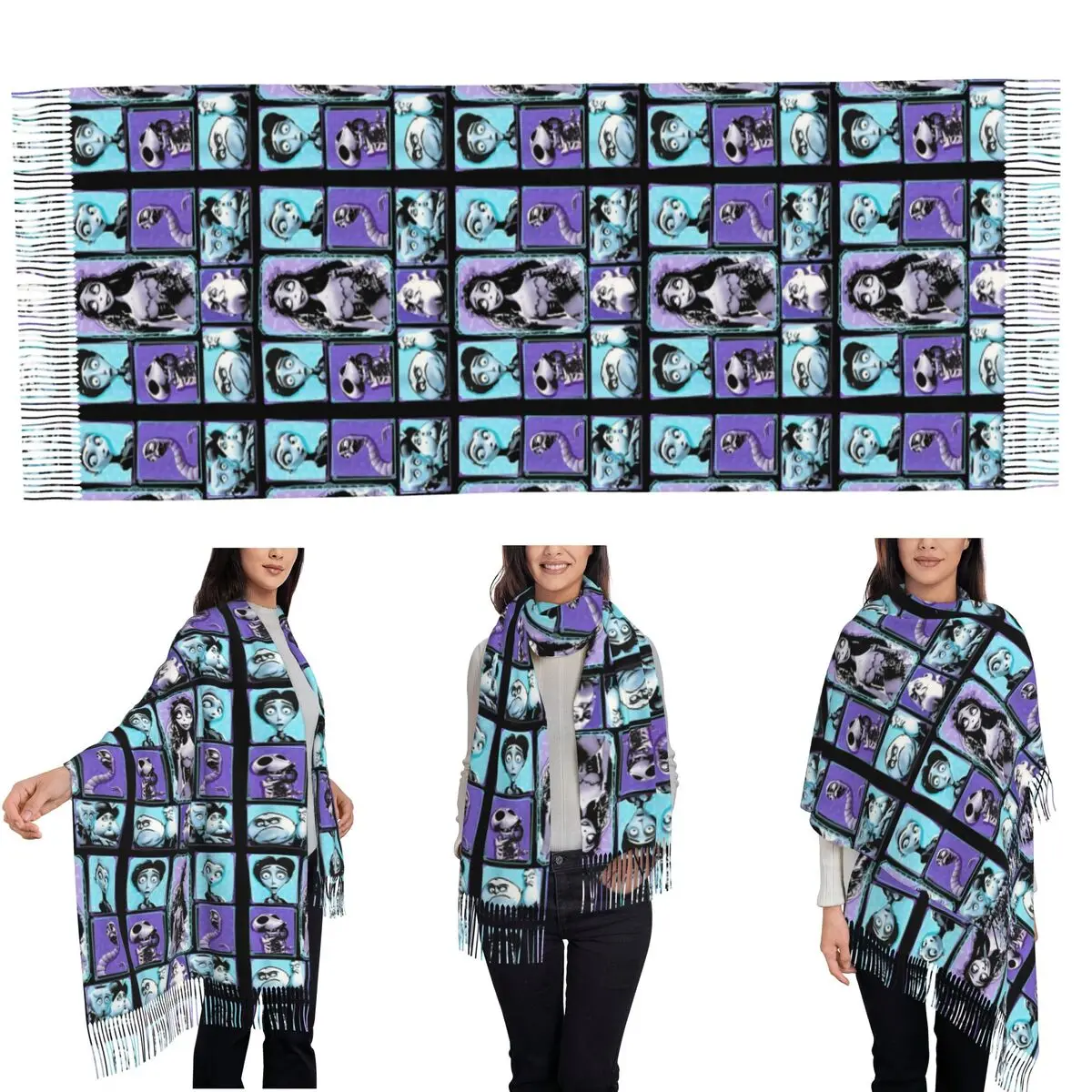 Halloween Film Corpse Bride Ghost Tim Burton Scarf Tassel Scarves for Women Soft Warm Shawls and Long Fall Winter Shawl Wraps