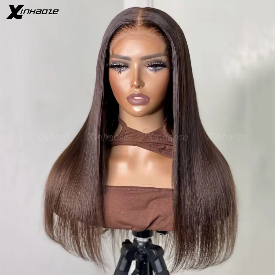 2 # Wig Penutup Atas Sutra 5X5 Coklat Gelap Lurus Wig Renda HD Transparan untuk Wanita Rambut Manusia 13x 4/13X6 Wig Renda Depan