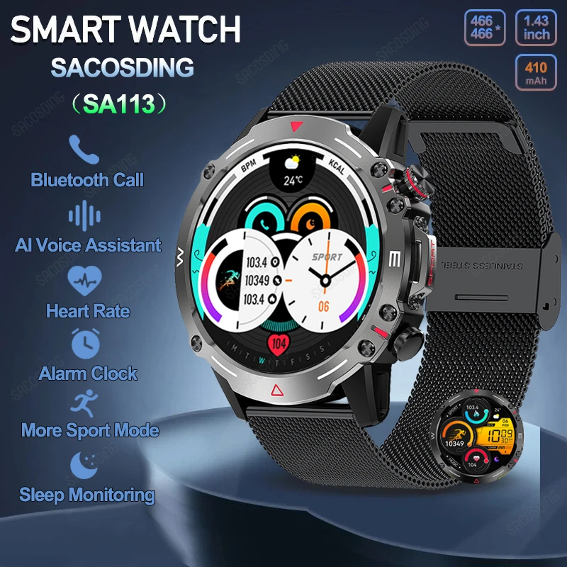 

SACOSDING SA113 Smart Watch Men Always On Display Clock NFC Bluetooth Call Voice Control 466*466 AMOLED Screen Sports Smartwatch