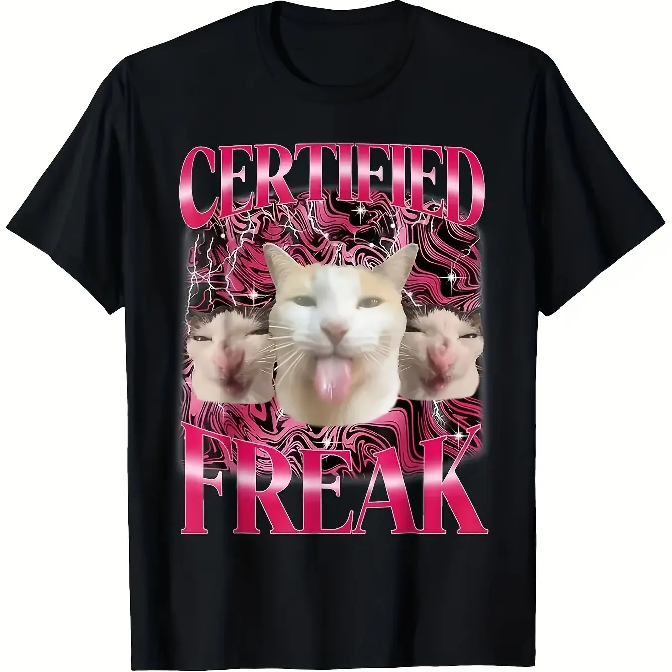 Certificado Freak Funny Cat Meme Camiseta Diseño gráfico vibrante Manga corta Lavable a máquina Camisa deportiva casual para adolescentes y adultos