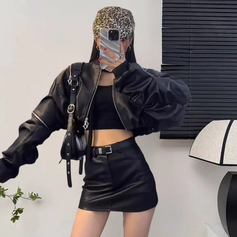

Internet Celebrity Same Autumn New Hot Street Style Zipper Pocket Black And White Color Block Motorcycle Casual Jacket Coat