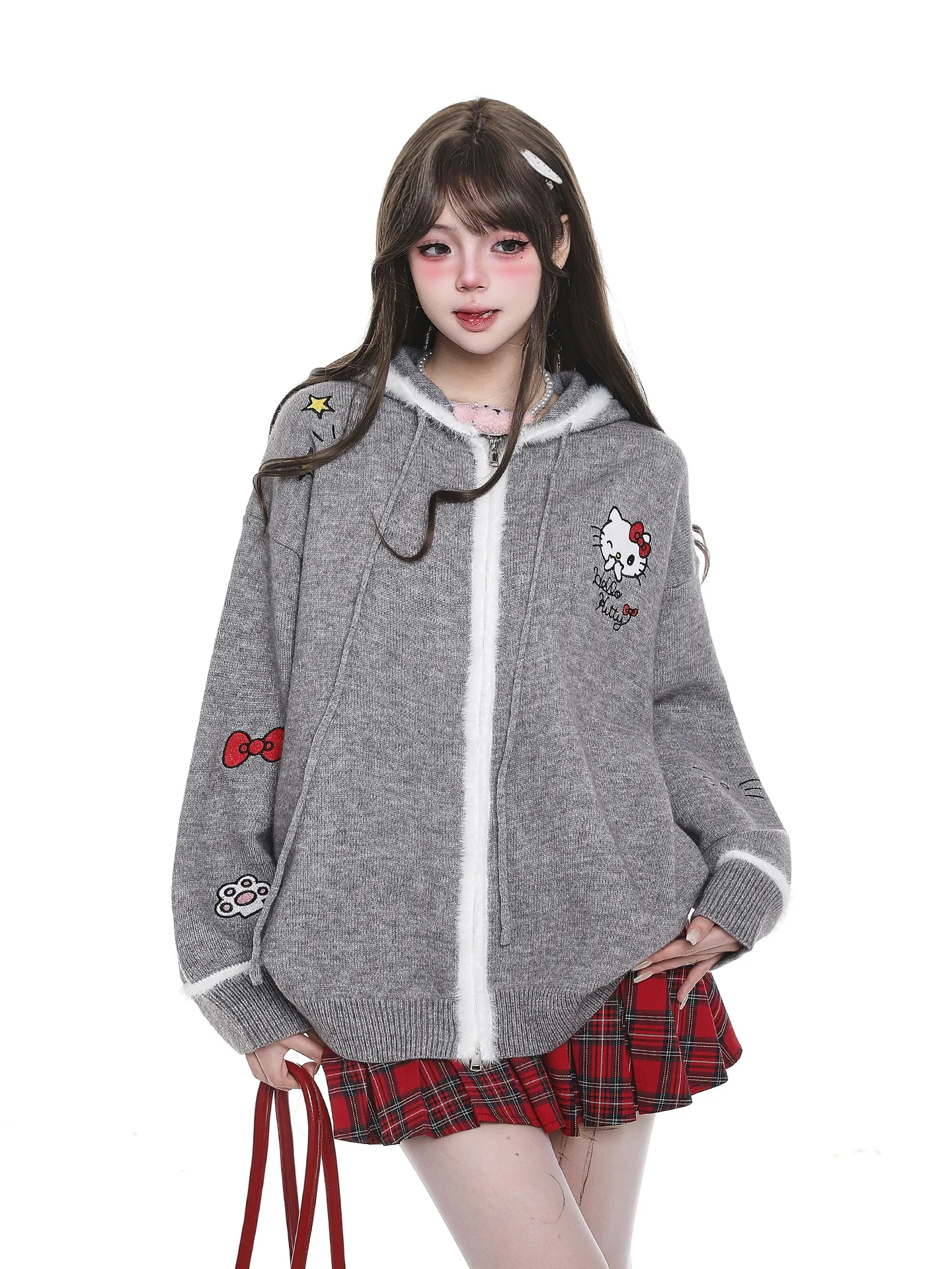 

Комплект с вышивкой, открытый кардиган с капюшоном, свитер, женская свободная утягивающая высококачественная вязаная верхняя одежда, осень-зима, милый Sle