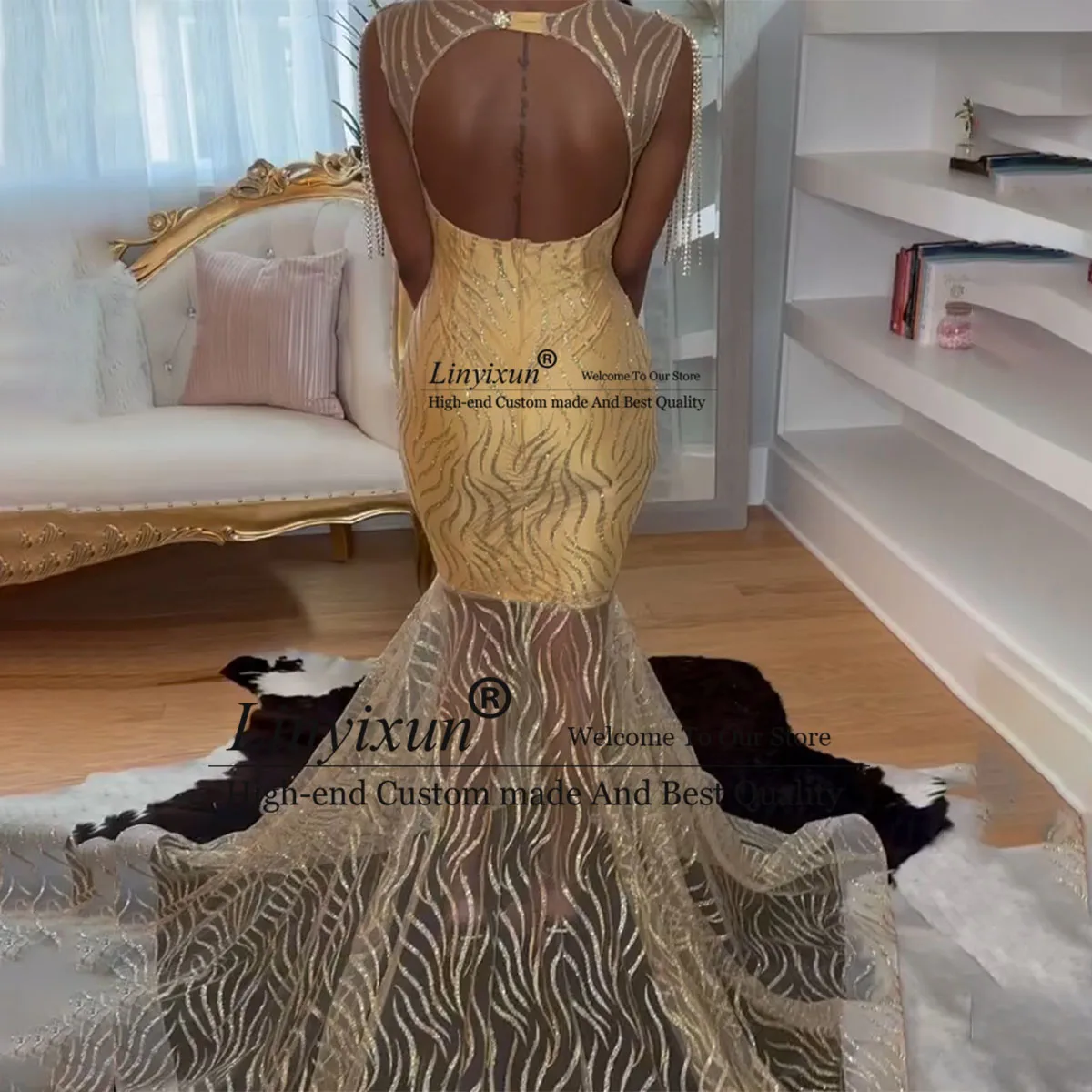 Formal Sleeveless Diamond Long Prom Dress For Black Girls Crystal Tassel Rhinestones Party Gowns Sequins Mermaid Evening Dresses