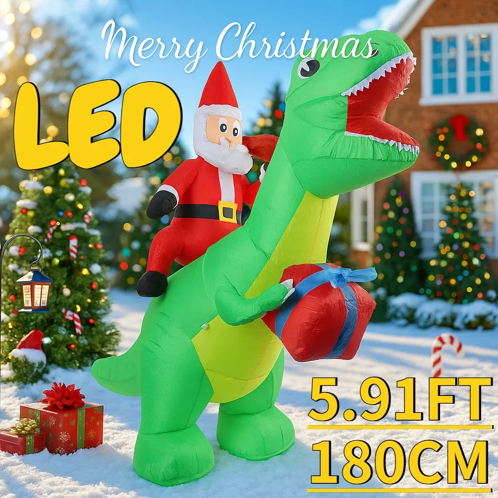 5.91FT Christmas Holiday Inflatable Santa Claus Dinosaur Toy LED Lit Home Supplies Ornament Gift Xmas Yard Lawn Party Decoration