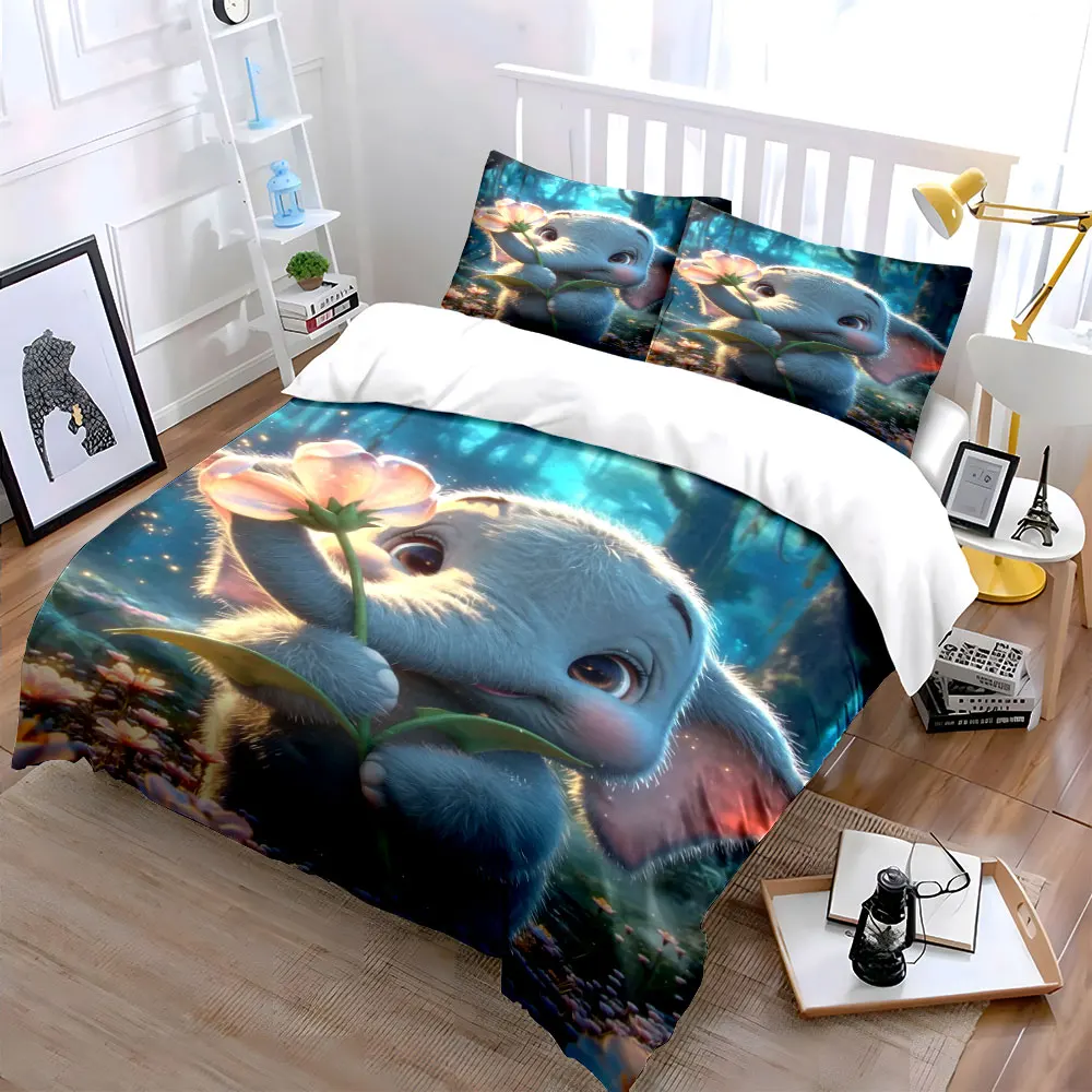 Baby elephant holds flower magical forest Print Bedding Set 1 Duvet Cover 2 Pillowcases for Adult and Children Luxury Gift