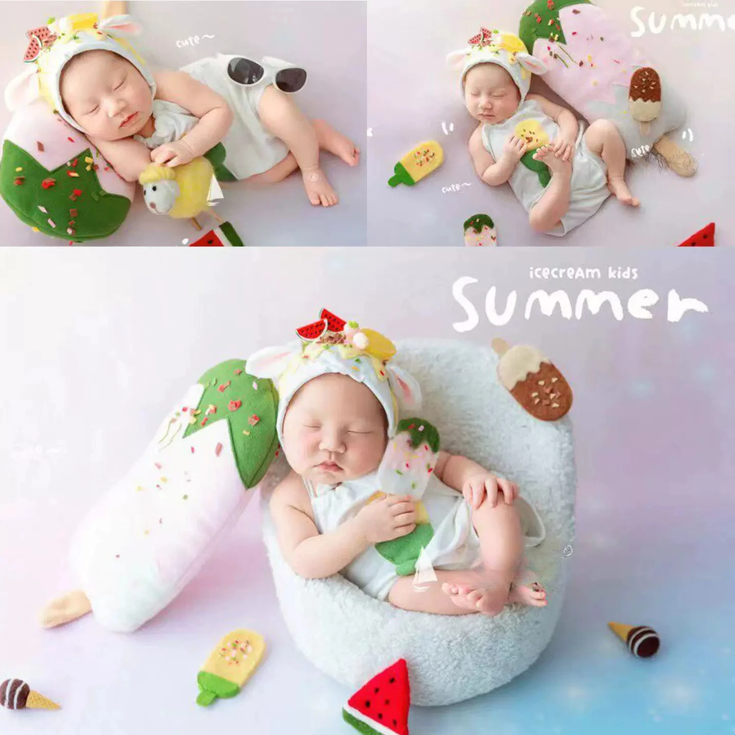 Newborn Photography Props Summer Ice Cream Theme Set Outfit Set with Backdrop Popsicle Decors for Baby Studio Photoshoot Prop