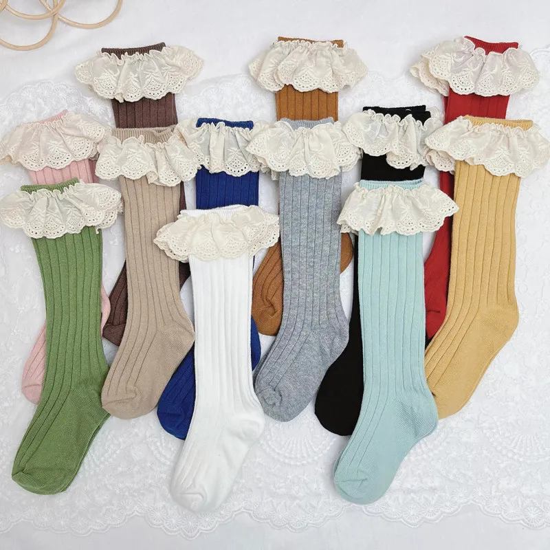 

New Baby Girls Knee High Socks Soft Cotton Kids Lace Frilly Flower Cute Long Socks Princess Children Ruffle Sock For 0-5Years