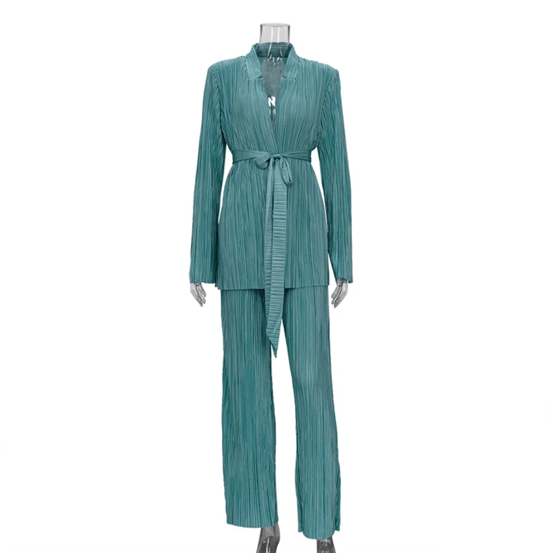 Pleated 2-piece Pants Set Office Women\'s Co Ords Set Casual Autumn Green Suit Lace Up Long Sleeved Shirt Blouse Trousers Outfits