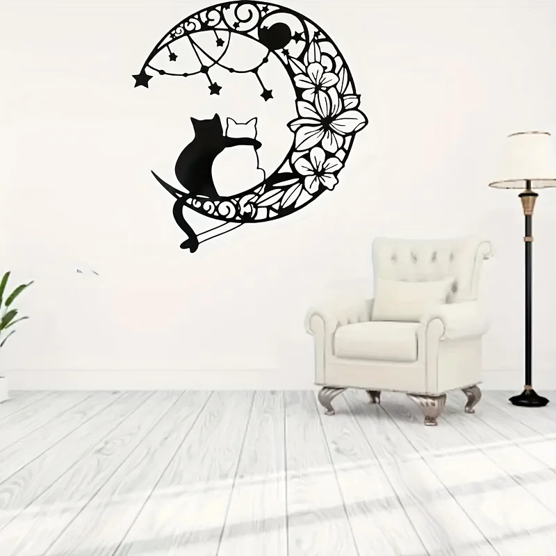 Metal Moon Cat Wall Art Iron Art Black Silhouette Wrought Iron Silhouette Decoration for Kitchen Office Bathroom Home