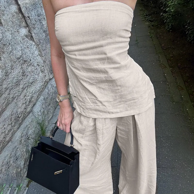 

Solid color simple girlish style suit loose wide-leg trousers backless sleeveless wrapped vest two-piece summer new style