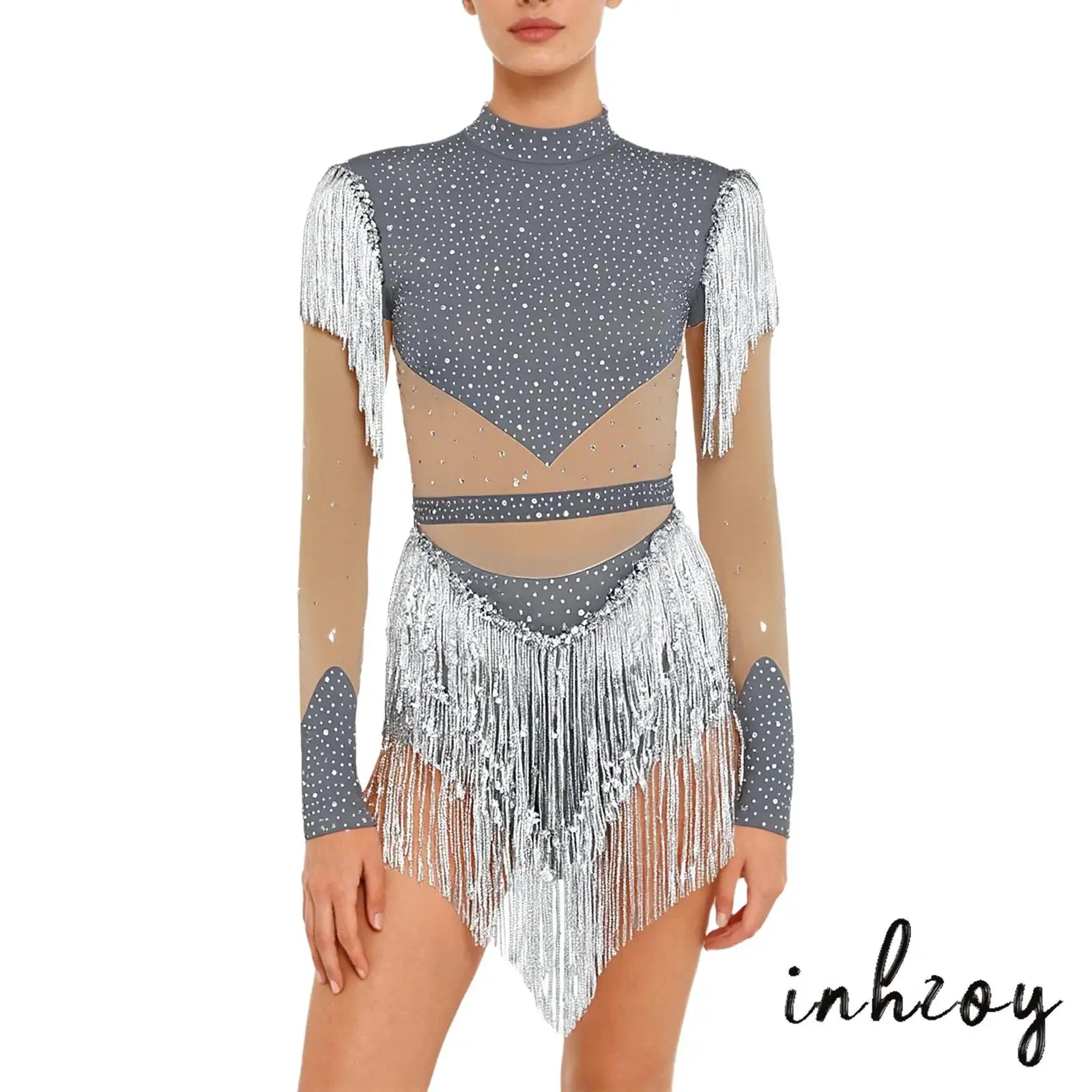 

Elegant Womens Tango Latin Dance Costume Rhinestone Gymnastics Jumpsuit Long Sleeve Openable Crotch Back Zip Latin Leotard