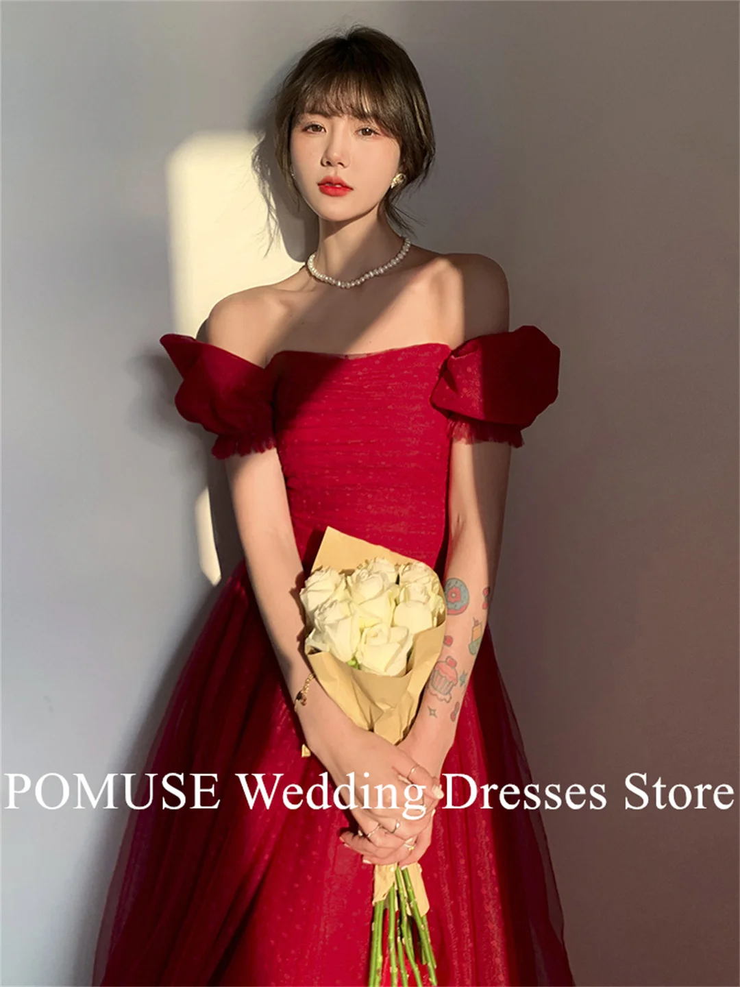 Square Neck Red Prom Dress Korea A-Line Customized Wedding Evening Dresses Formal Dress Elegant Party Dress Evening Gowns