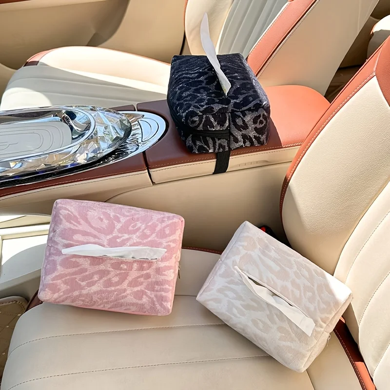 1pc Leopard-Print Car Tissue Box Holder, Premium and Multi-Functional Hanging Organizer