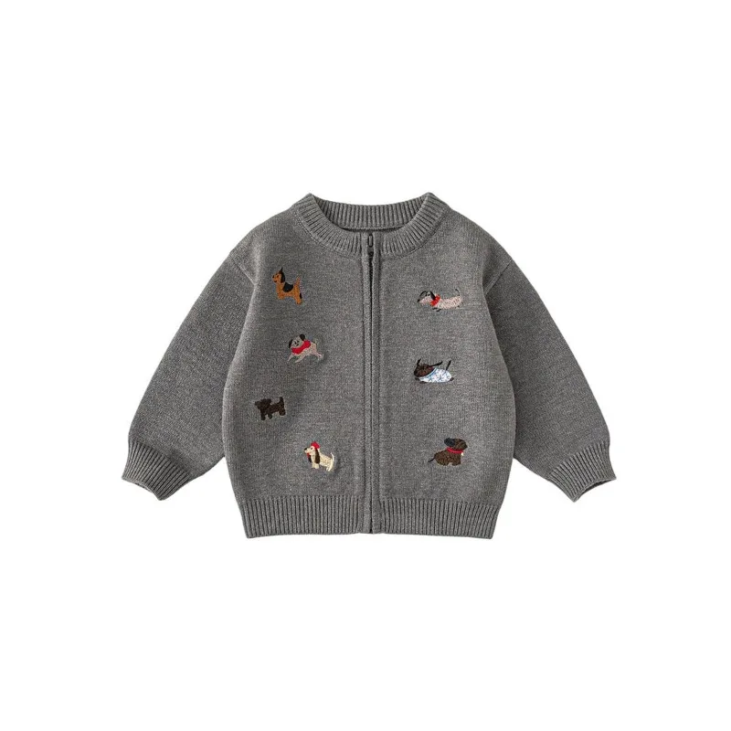 UNITIM Herbst Kinder Jungen Pullover Strickjacke mit Hundestickerei 2-8 Jahre Kinder Jungen Strickwaren Langarm Oberbekleidung Mantel für Babys Jungen – Detail 4