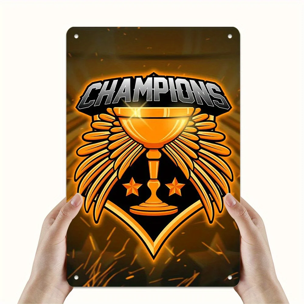 Championship Trophy Logo Retro Aluminum Wall Art Panel -  Bendable Metal Sign with Vibrant Orange,Black Design, Wings,Stars Acc