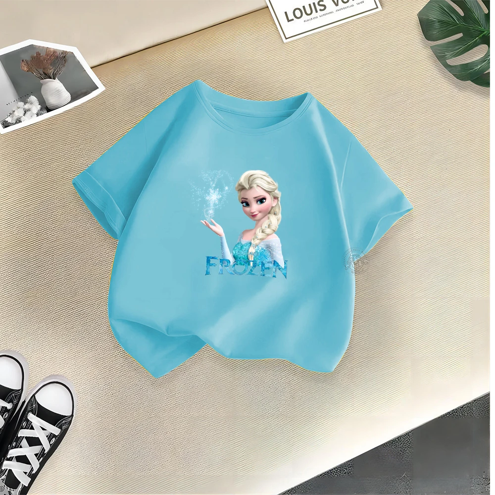 Disney Frozen Summer Comfort Cotton Girls T-shirt Princess Elsa Creative Printed Street Casual Cotton Top Outdoor sports top