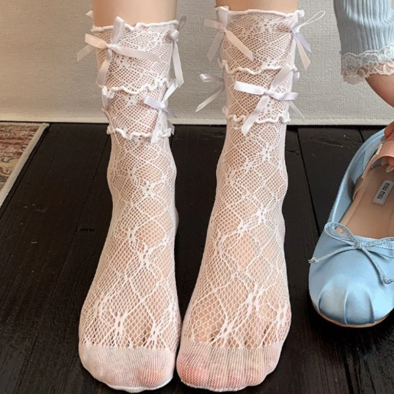 Nuovi calzini bianchi con fiocco carino JK Cos Lolita Calzini in pile con bordo arricciato in pizzo Calzini a metà polpaccio a rete stile balletto sottile estivo da donna