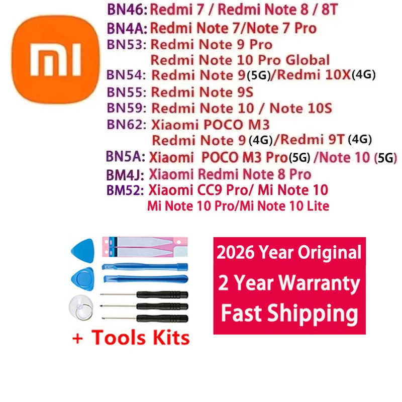 

2026 Years 100% Original Battery For Xiaomi Mi Redmi Note 7 8 8T 9 9T 9S 10 10X 10S POCO M3 CC9 Pro Lite Batteries