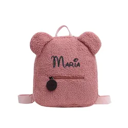 Leve saco de urso de pelúcia para crianças, nome personalizado, nome personalizado infantil, lanche ao ar livre, bege rosa