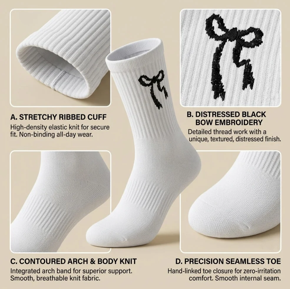 Affordable girl's style! Vertical bowtie mid tube socks with anti slip and anti drop features. Ins Korean style matching