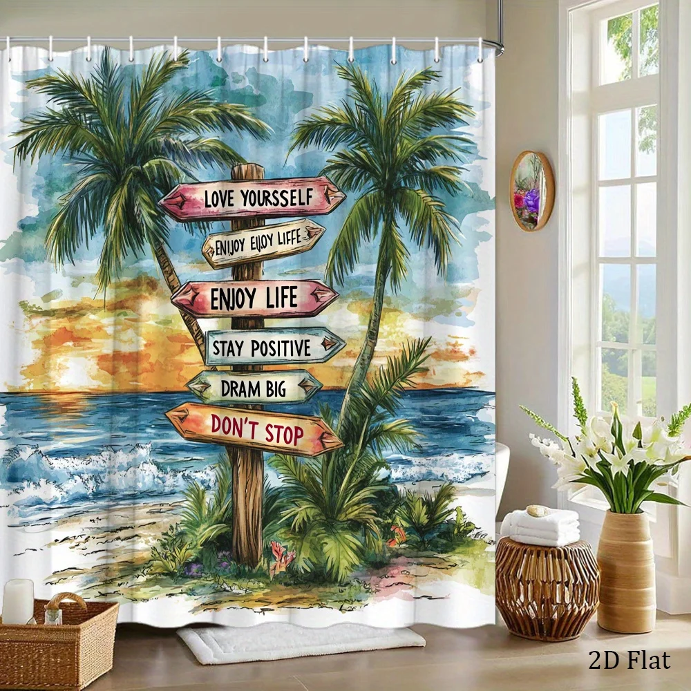 2D Flat, 1pc 2D Flat Tropical Beach Shower Curtain, Palm Trees And Colorful Wooden Signpost with Positive Messages, Sun Sky in O