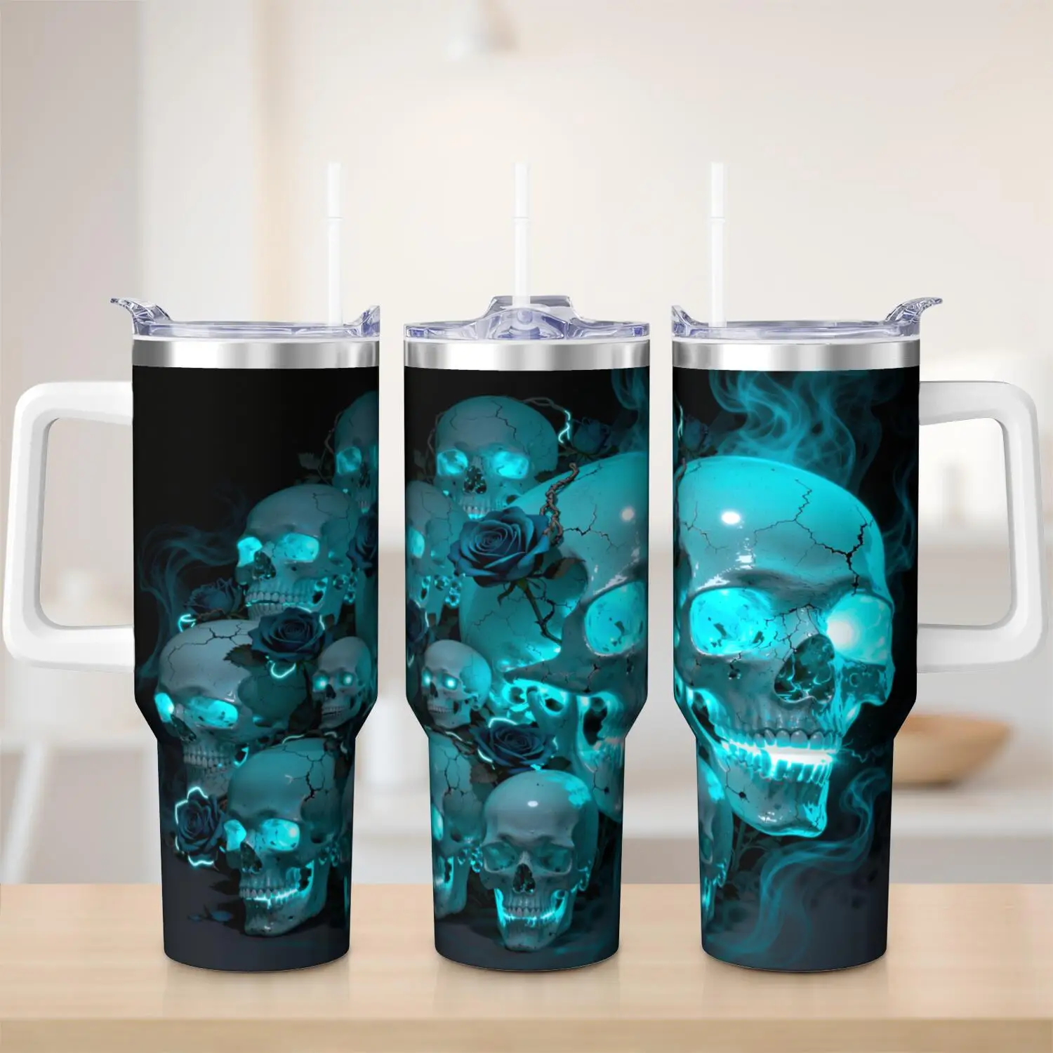 Skull Handle Cup Set with Straw, Maximum Capacity 40oz, Inner Layer 304 Stainless Steel, Outer Layer 201 Stainless Steel, Seamless Inner Liner, Lid Made of PC Material, Suitable for Home, Office, Outdoor, Sports, and Car Use