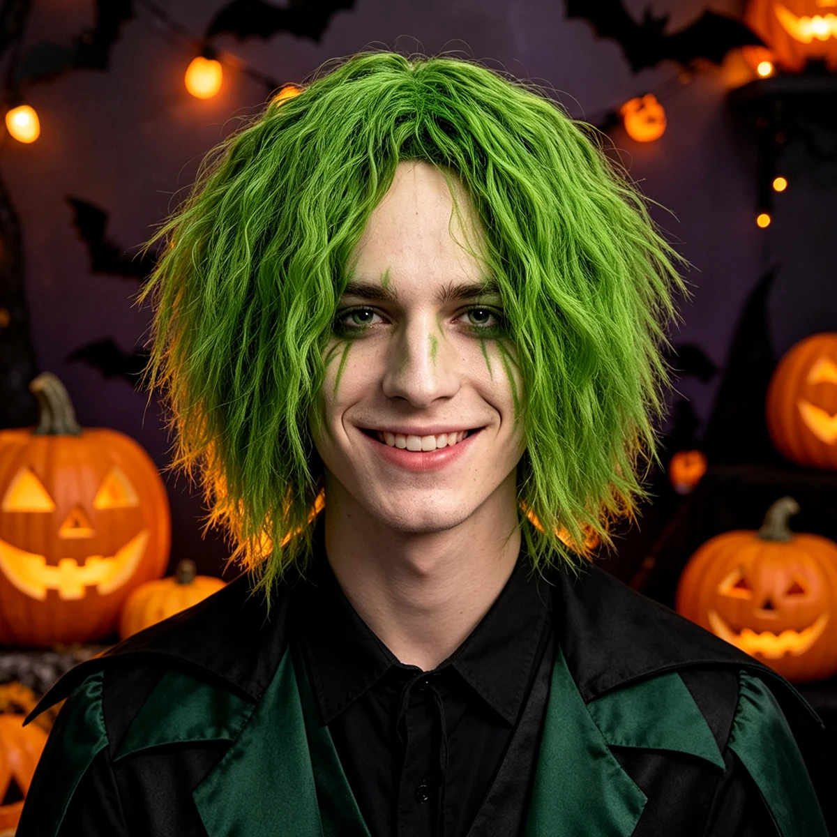 Green Messy Curly Short Wig Synthetic Hair Joker Style Cosplay Halloween Costume Party Full Wigs for Men Adults