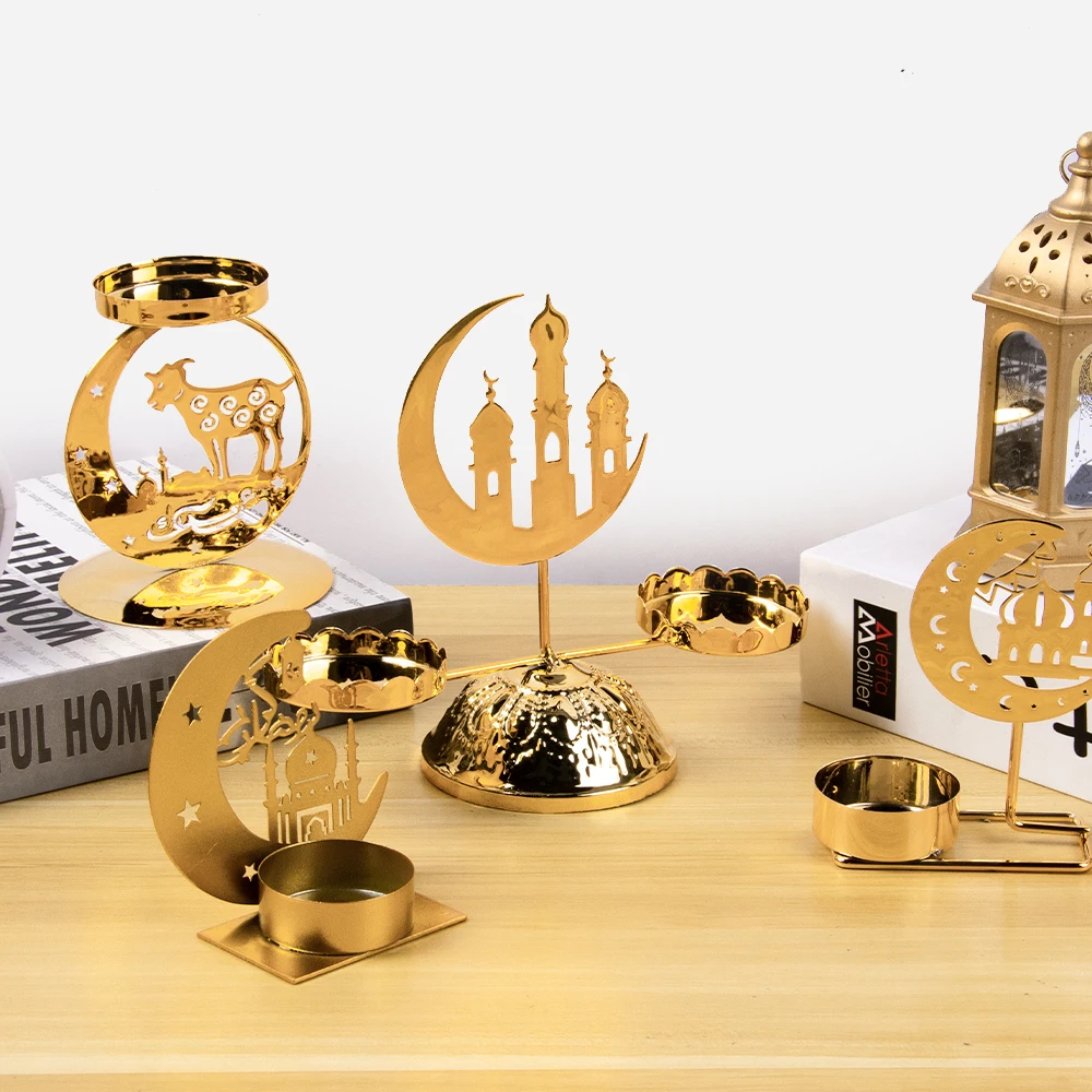 2025 Ramadan Candle Holder Moon Star Castle Golden Iron Candlestick Eid Mubarak Table Ornaments Ramadan Decorations for home