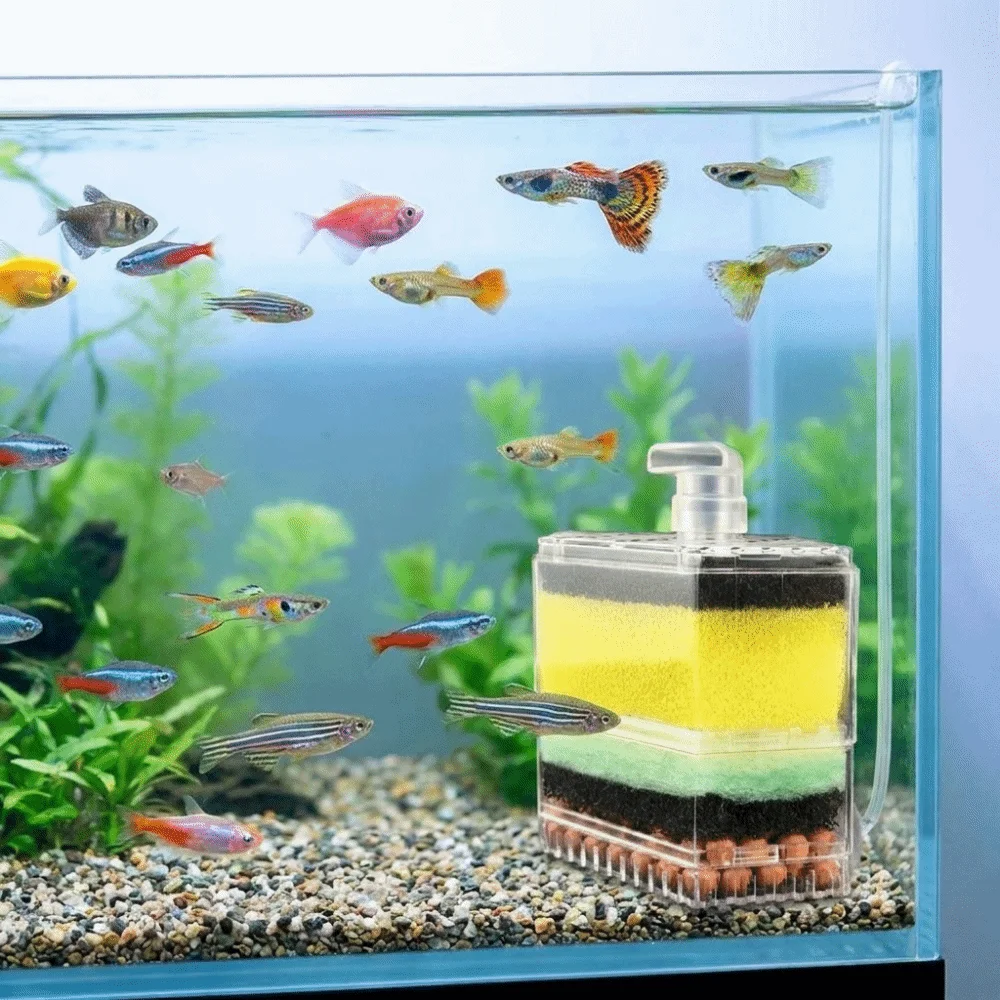 Multi-layer Fish Tank Pneumatic Filter Efficient Detachable Submersible Water Purifier with Suction Cup Transparent