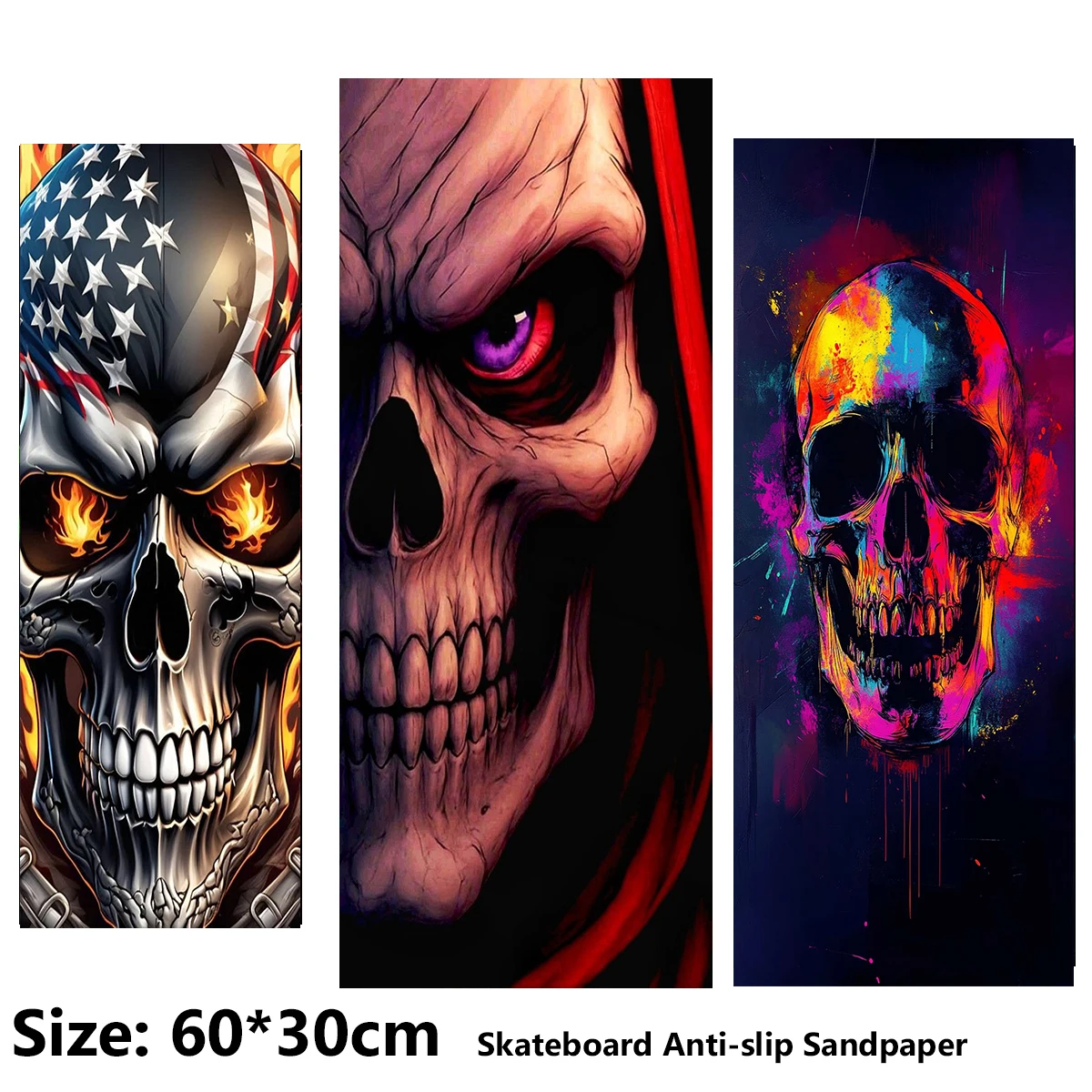 Cool and Dark Skeleton Head Pattern Electric Scooter Anti-slip Sticker Sandpaper Skateboard Grip Tape Sheet 60*30cm