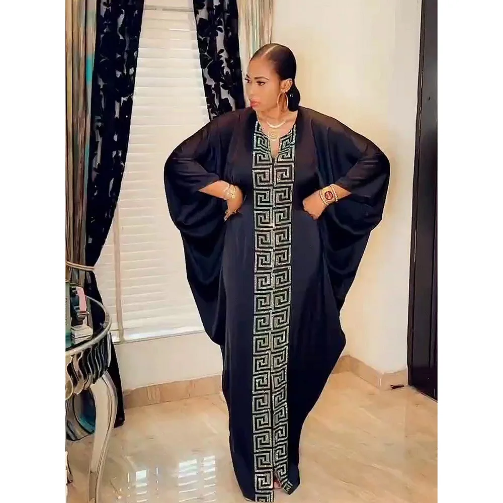 Beading Maxi Dresses Africa Party Dress Women Clothing Plus Size Robe Caftan Abayas Bazin Dubai Muslim Silk Bat Sleeve Dress