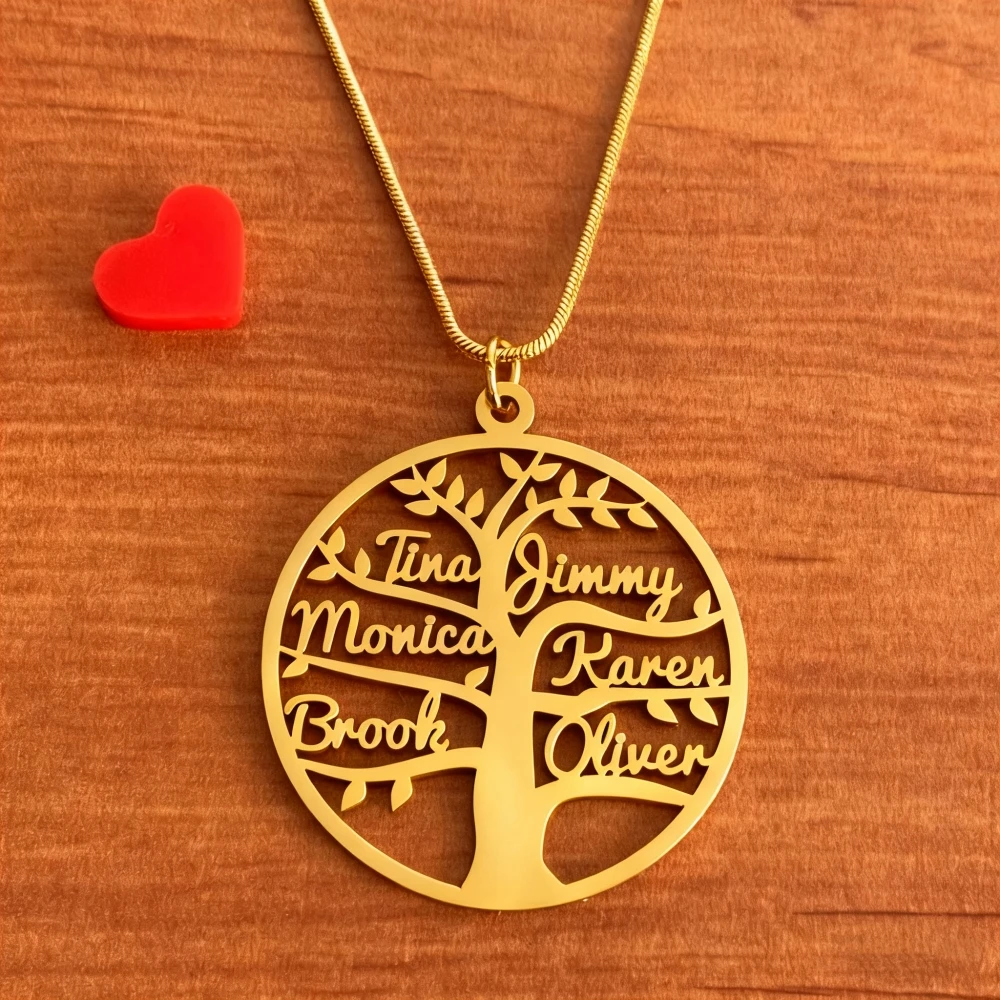 Custom Family Tree Multiple Names Necklace Women Jewelry Stainless Steel Personalized Nameplate Tree Life Pendant Necklace