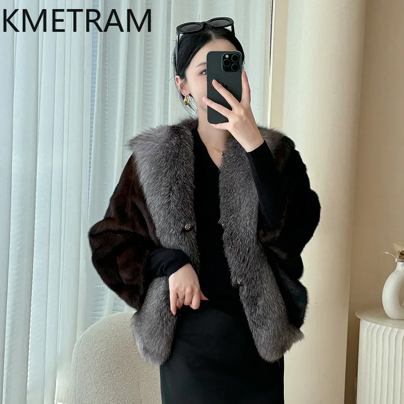 Damska kurtka z futra norki 100%, luksusowa, z rękawami typu \"batwing\", prawdziwe futro, zimowe ubrania dla kobiet, kołnierz z futra lisa, 2025 шуба женская