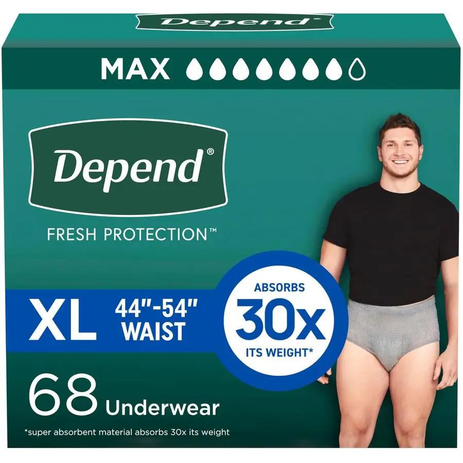 Fresh Protection Adult Diapers, Incontinence Underwear for Men, Disposable, Maximum, ExtraLarge, Grey, 68 Count 2 Packs of 34, P