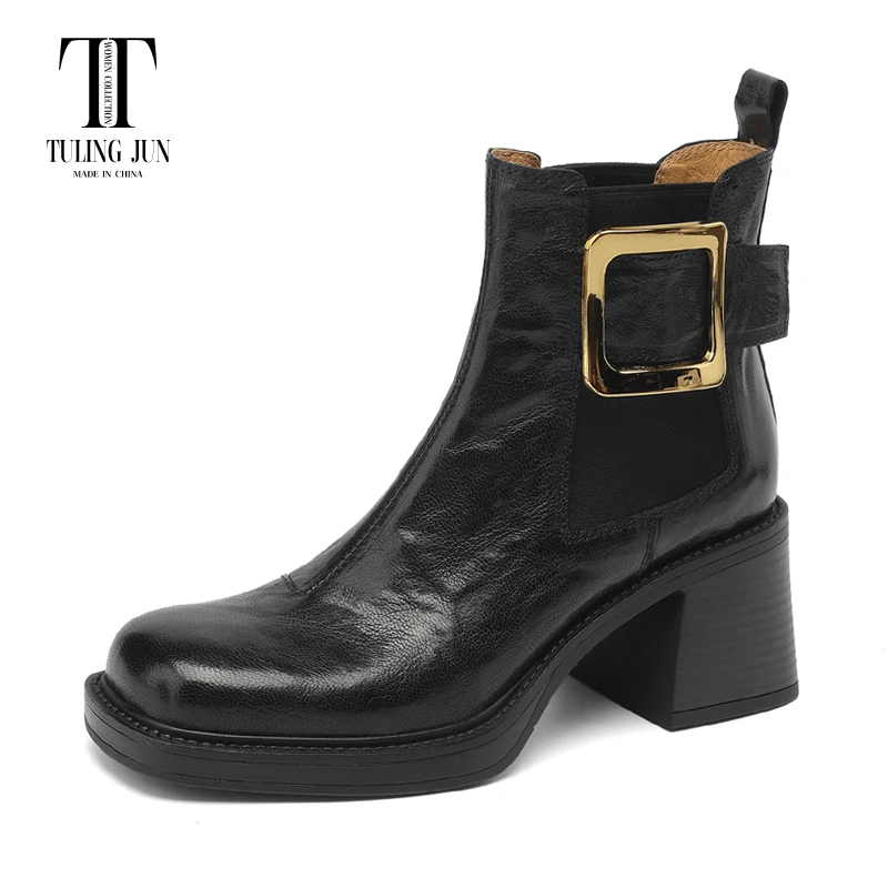 TULING JUN 2023 Winter Concise Famale Square Head Solid Color Ankle Boots Metal Decoration High Heels Shoes Retro T-8716