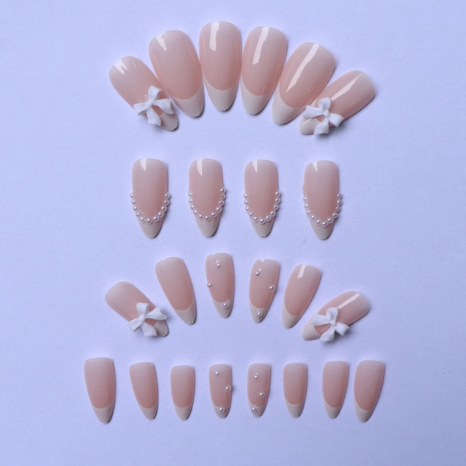 ARTAUG 24pcs uñas press-on medianas stiletto rosas con moños, punta francesa, uñas postizas lindas en polvo de cobertura completa 2
