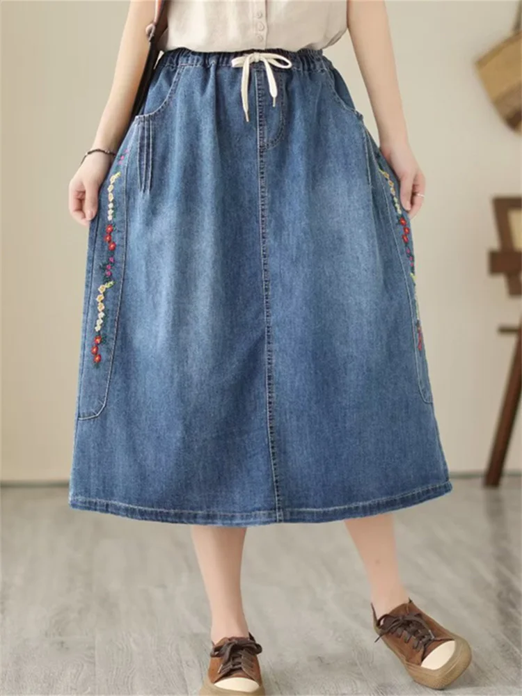 Summer Loose Vintage Denim Skirt Women's Fashion New Denim Embroidery Print Skirt Korean Leisure Women's Denim Skirt