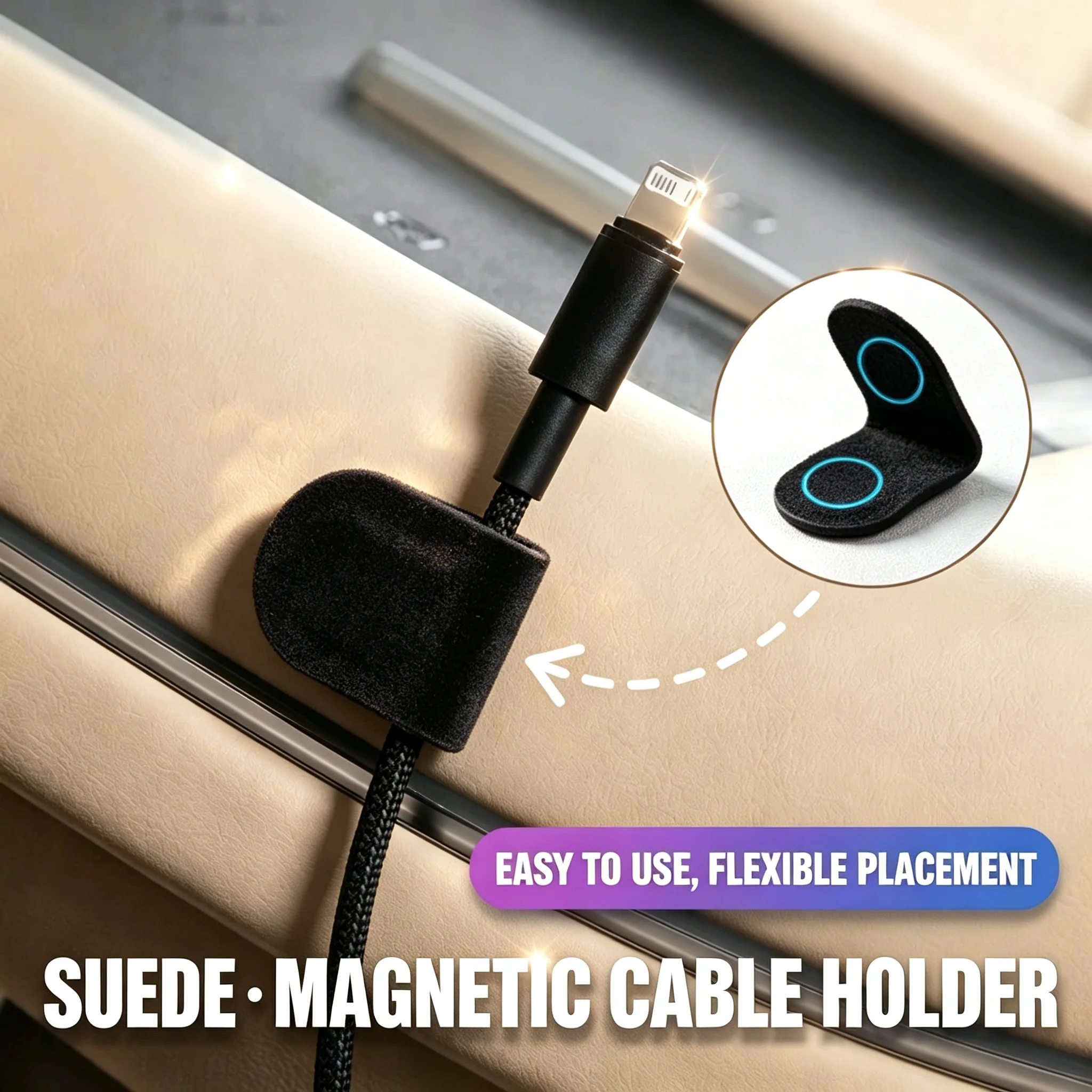 Suede Magnetic Paste-On Car Cable Organizer - Charging Cord Fixed Storage For Suzuki DZire Swift Jimny Ignis Grand Vitara Alto