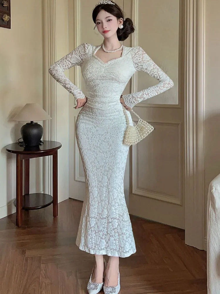 Coreano primavera elegante feminino rendas magro sereia vestido mujer luxo grânulo gola quadrada manga longa bodycon vestidos