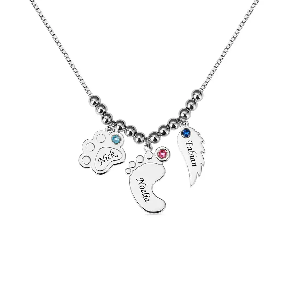 

Personalized Paw Print & Baby Feet & Angel Wing Necklace With Birthstone&Name 925 Sterling Silver Pendant Jewelry Gift for Women