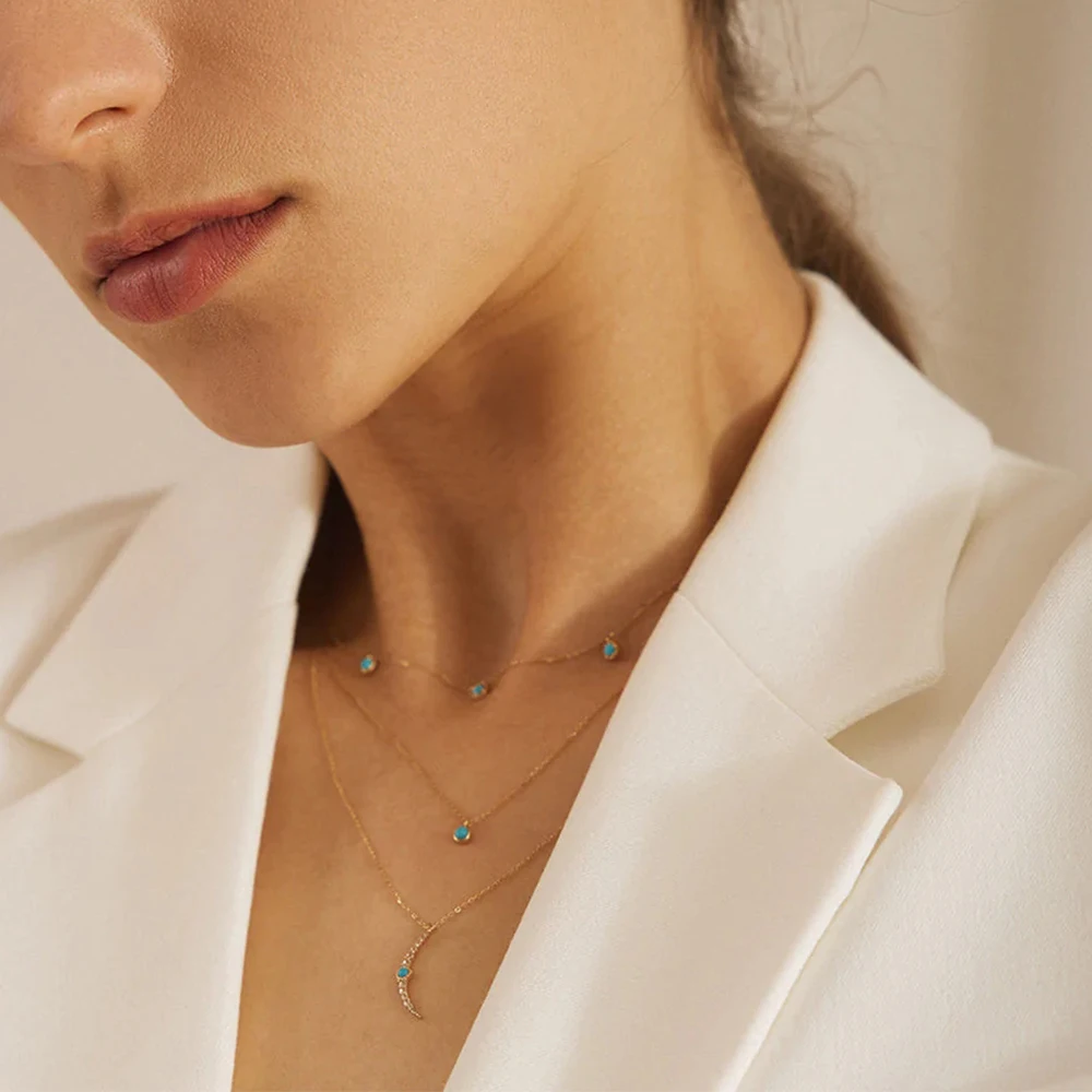 Retro Turquoise Pendant Necklace 925 Sterling Silver Simple Ins Multilayer Clavicle Chain Necklaces Fashion Jewerly Gift