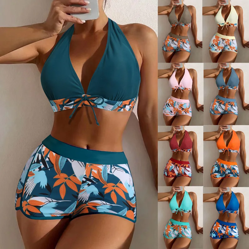 

2026BHalter Bikini Set Short Swimsuit Women High Waist Swimwear Female Printed Bathers Swimming Bathing Swim Suit BeachwearNew