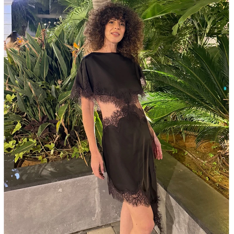 Hxao sexy cortar vestidos femininos vestido de renda preta mulher capa manga assimétrica midi vestidos para mulheres cetim elegante vestido de festa