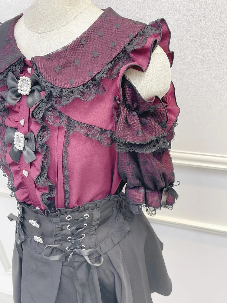 Short-sleeved New Sweet Girls Versatile Top Japanese Mine Series Mass-produced Lace Splicing Off-shoulder Doll Collar Shirt