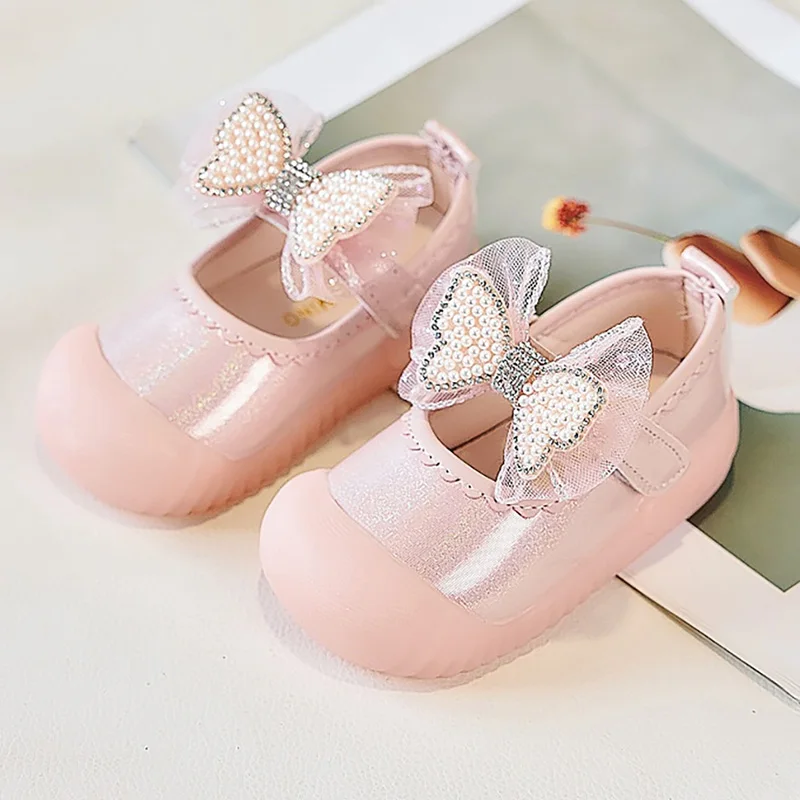 

Korean Style Princess Shoes For Girls Pearl Bow Luxury Party Birthday Girl's Shoes Perform Dance Footwear For Girls Casual