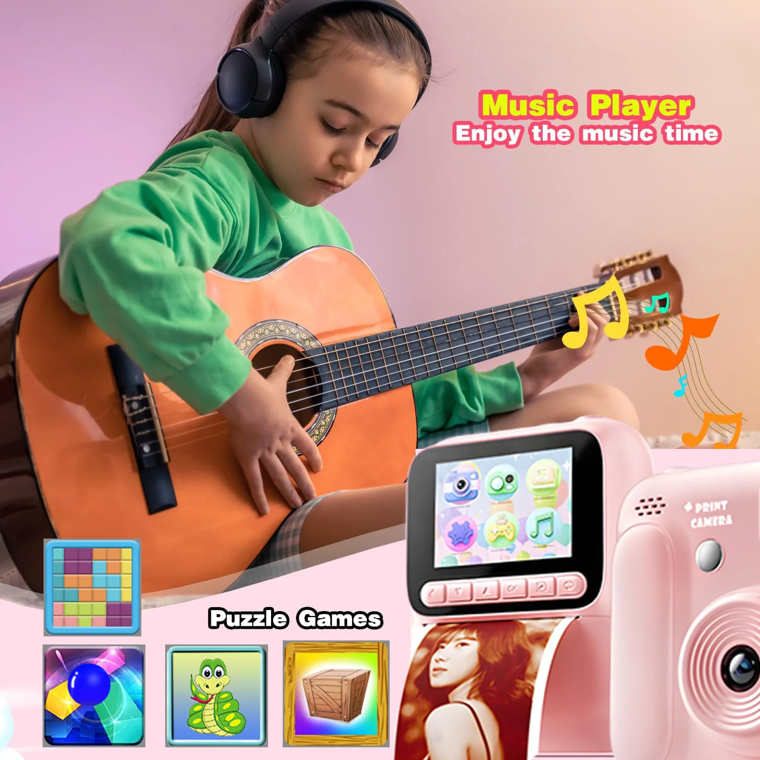 Aparat fotograficzny dla dzieci z natychmiastowym drukowaniem kolorowym, 1080P, kolorowe zdjęcia, termiczny druk, zabawki, aparaturę, gry wideo, muzyka, prezenty dla dzieci, chłopców i dziewcząt.